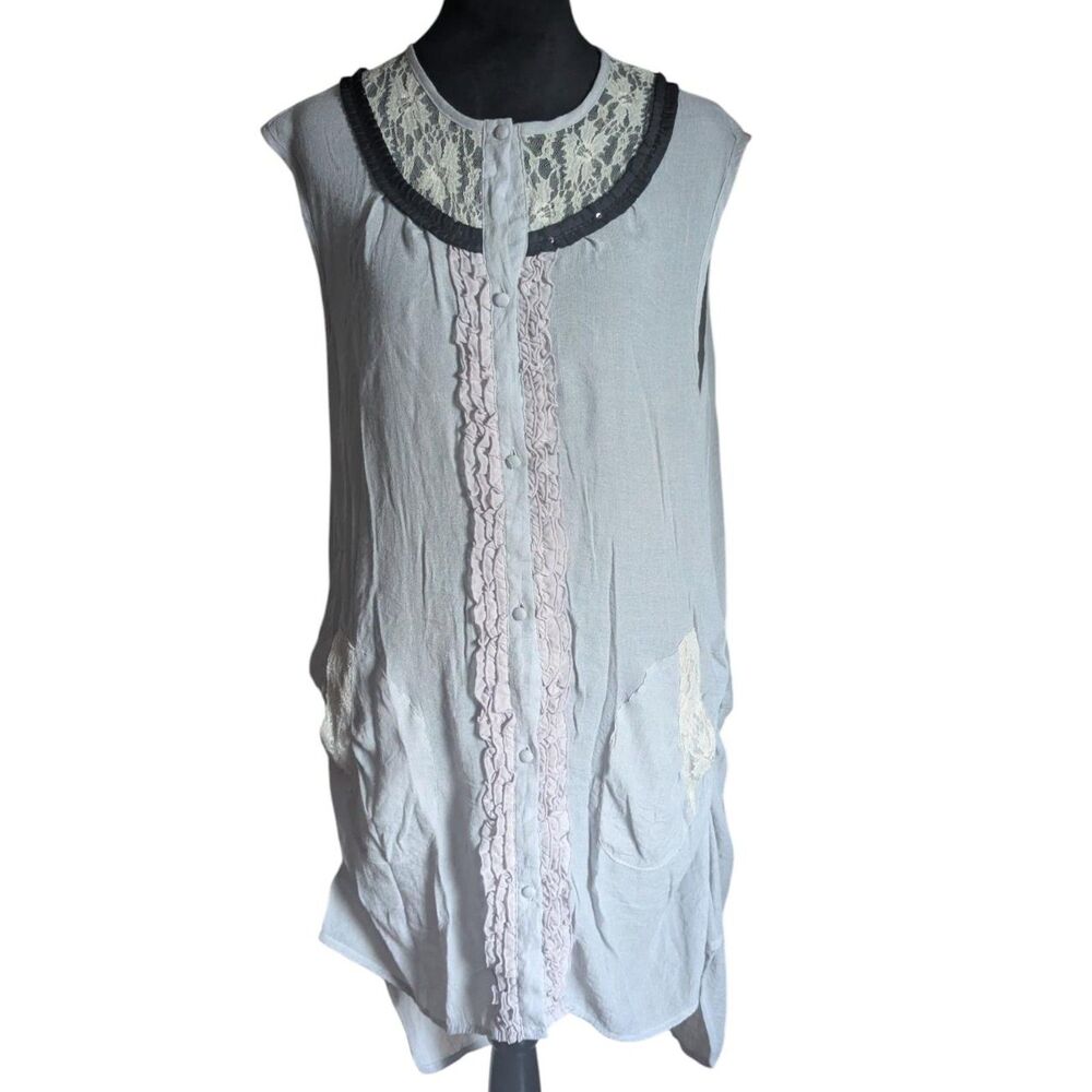 Lily Boho Romantic Cottage Lace Trim Ruffle Front Sleeveless Blouse Blue XL
